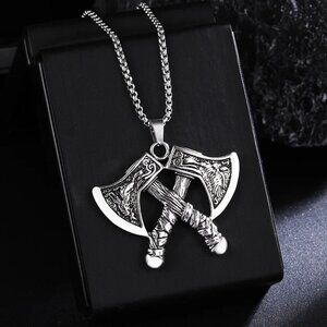 3/$35 Viking Double Axe Titanium Pendant Stainless Steel Necklace Men's Retro